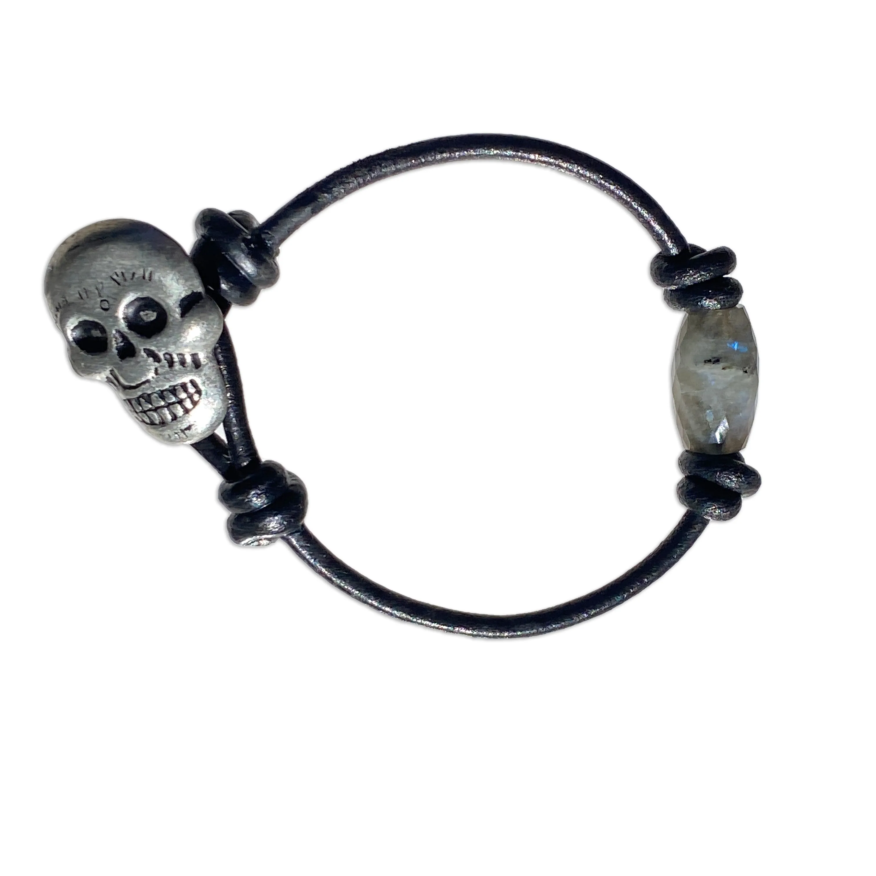 Labradorite gemstone Leather bracelet with Pewter Skull Button clasp