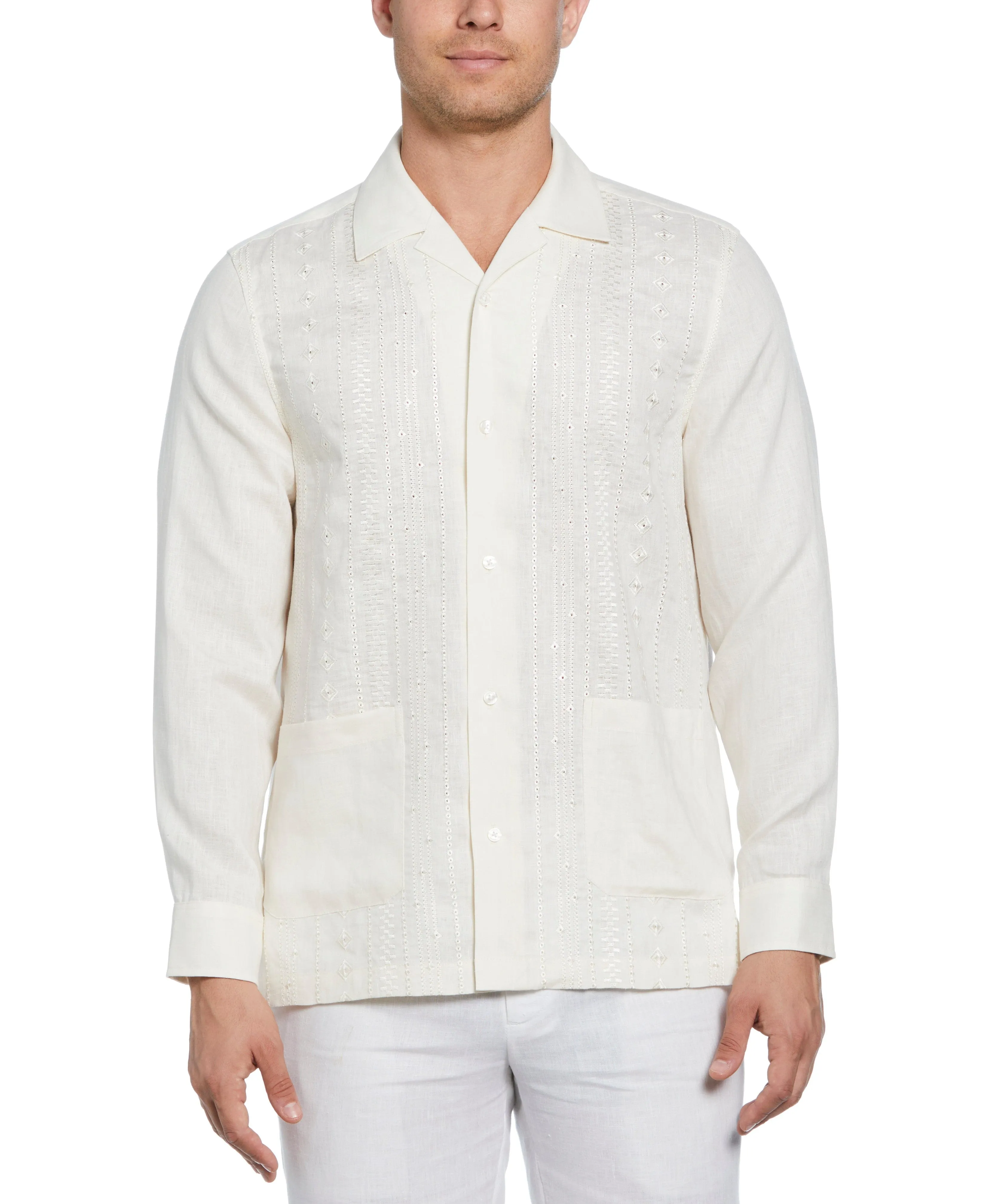 Linen Eyelet Panel Guayabera Shirt