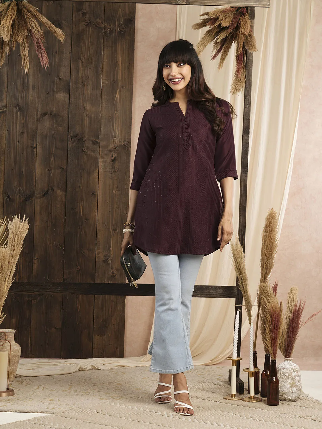 Maroon Ethnic Wear Chanderi Silk Straight Tunics for Ladies - Zola