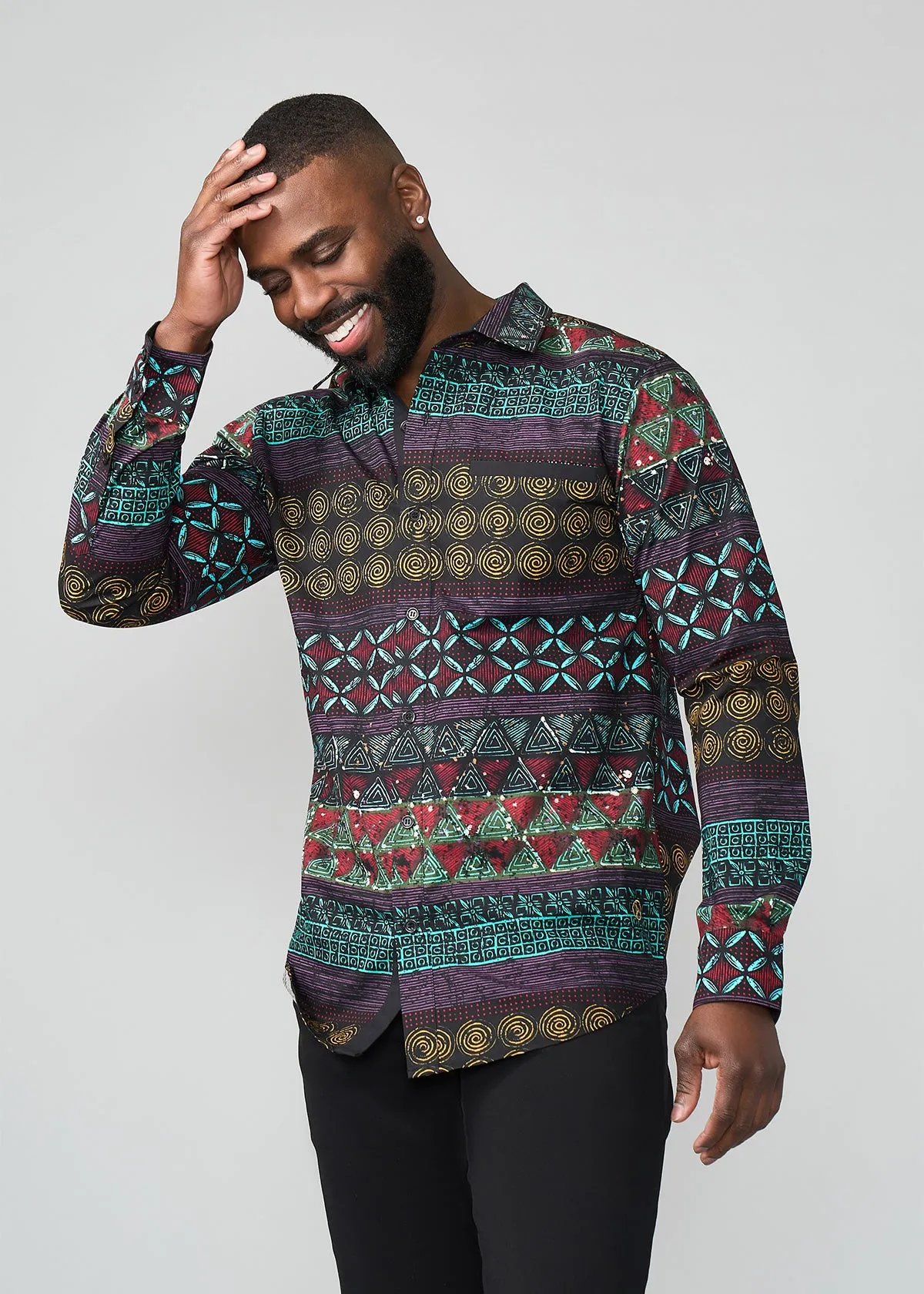 Mazi Men's African Print Button-up Shirt (Teal Maroon Multipattern)