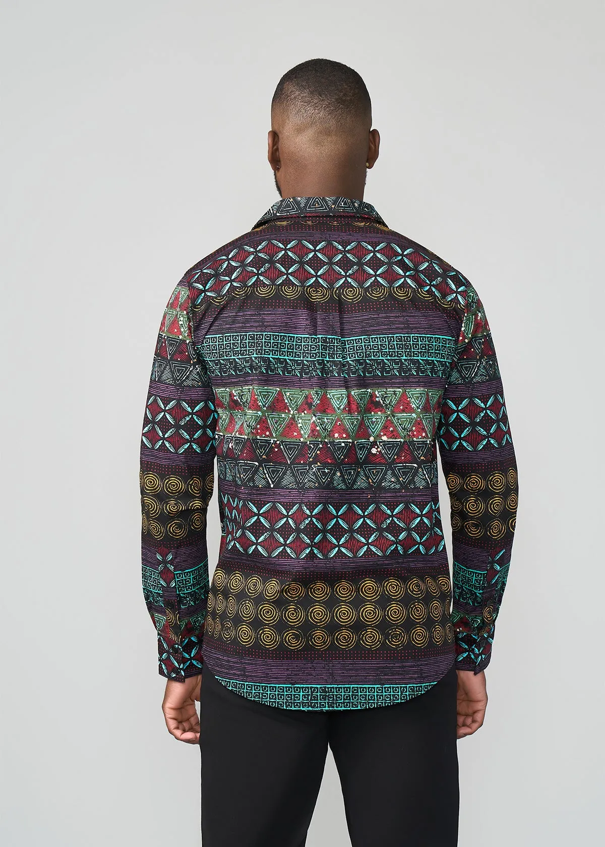 Mazi Men's African Print Button-up Shirt (Teal Maroon Multipattern)