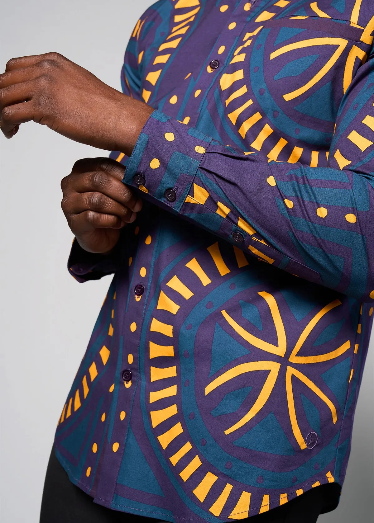 Mazi Men's African Print Button-up Shirt (Teal Plum Tiles)