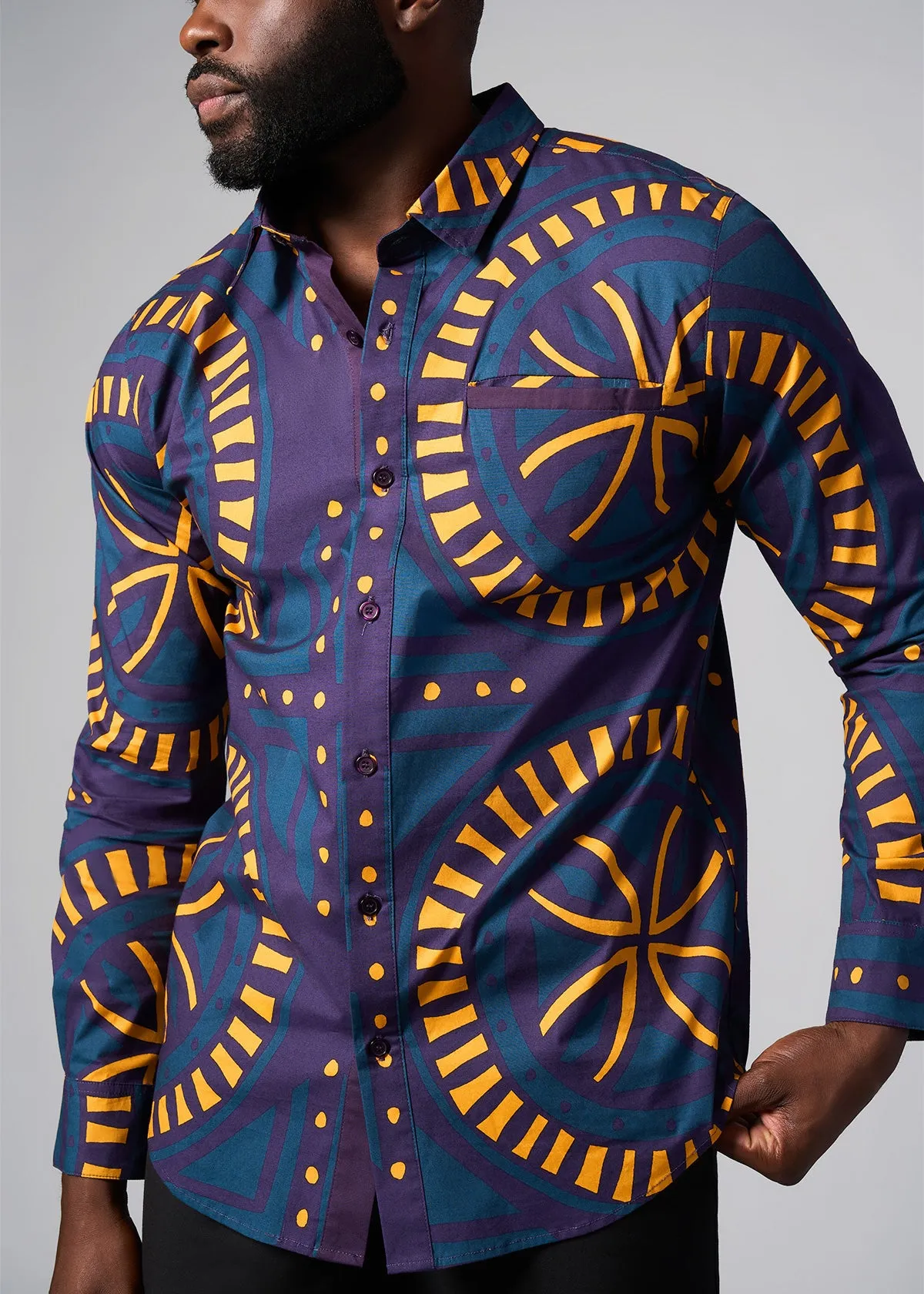 Mazi Men's African Print Button-up Shirt (Teal Plum Tiles)