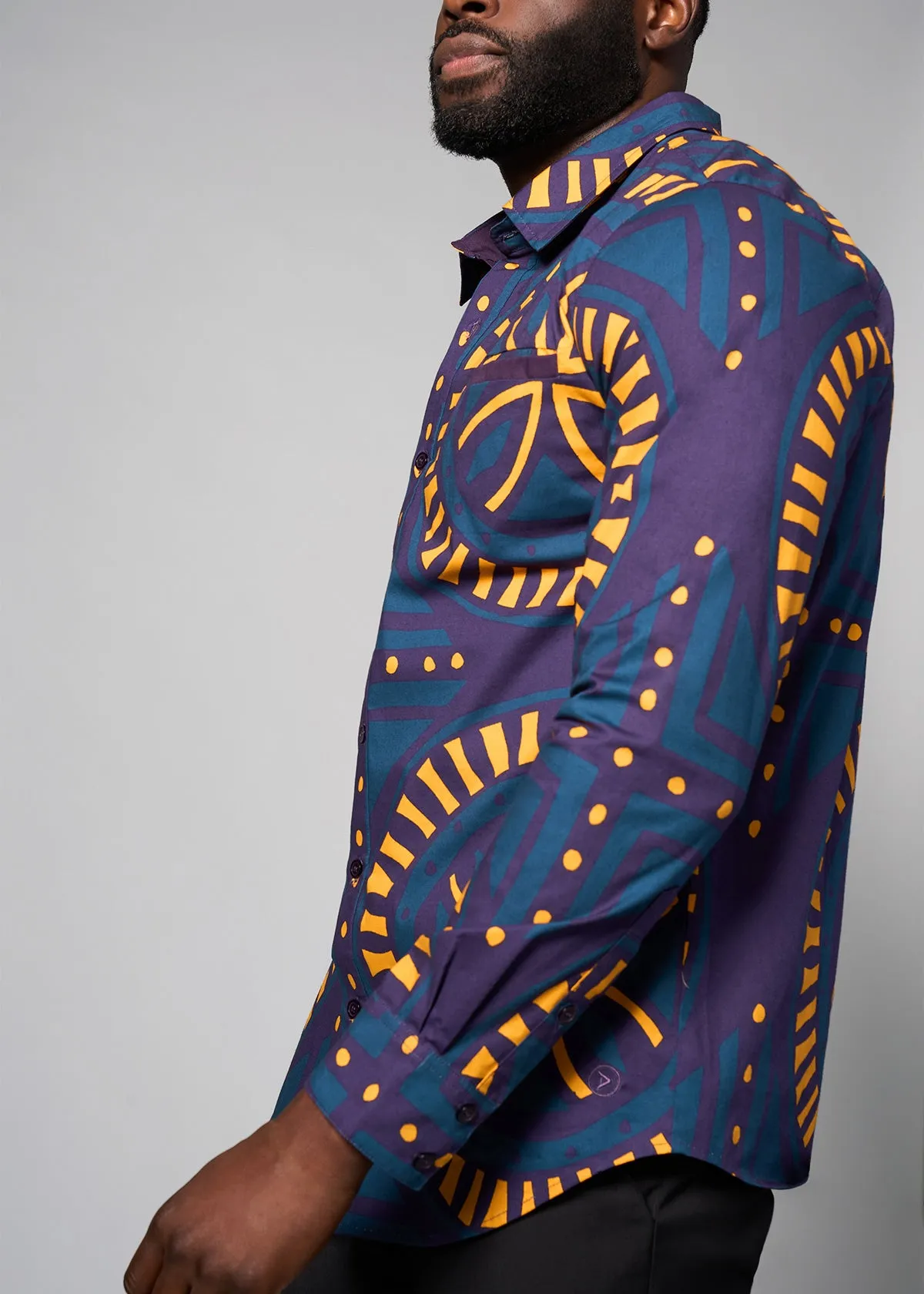 Mazi Men's African Print Button-up Shirt (Teal Plum Tiles)