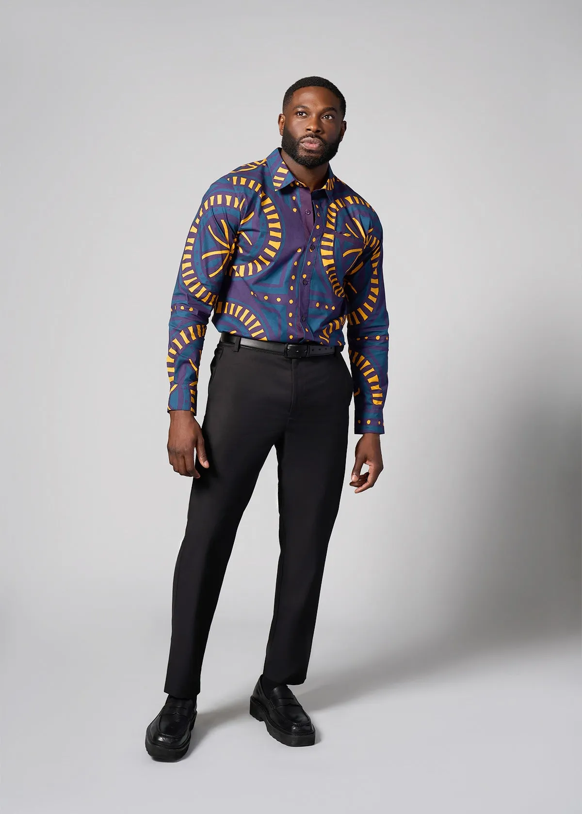 Mazi Men's African Print Button-up Shirt (Teal Plum Tiles)