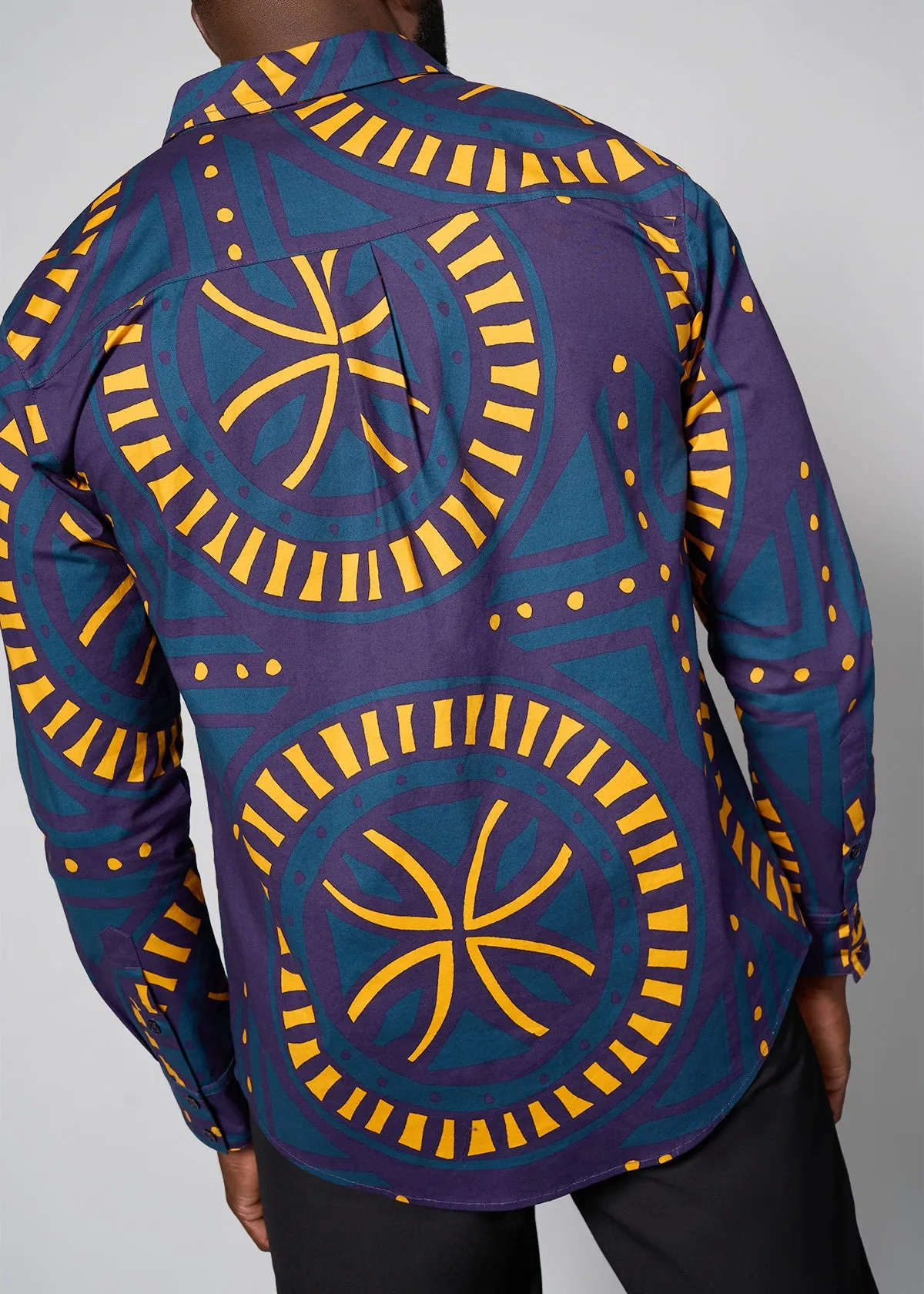 Mazi Men's African Print Button-up Shirt (Teal Plum Tiles)