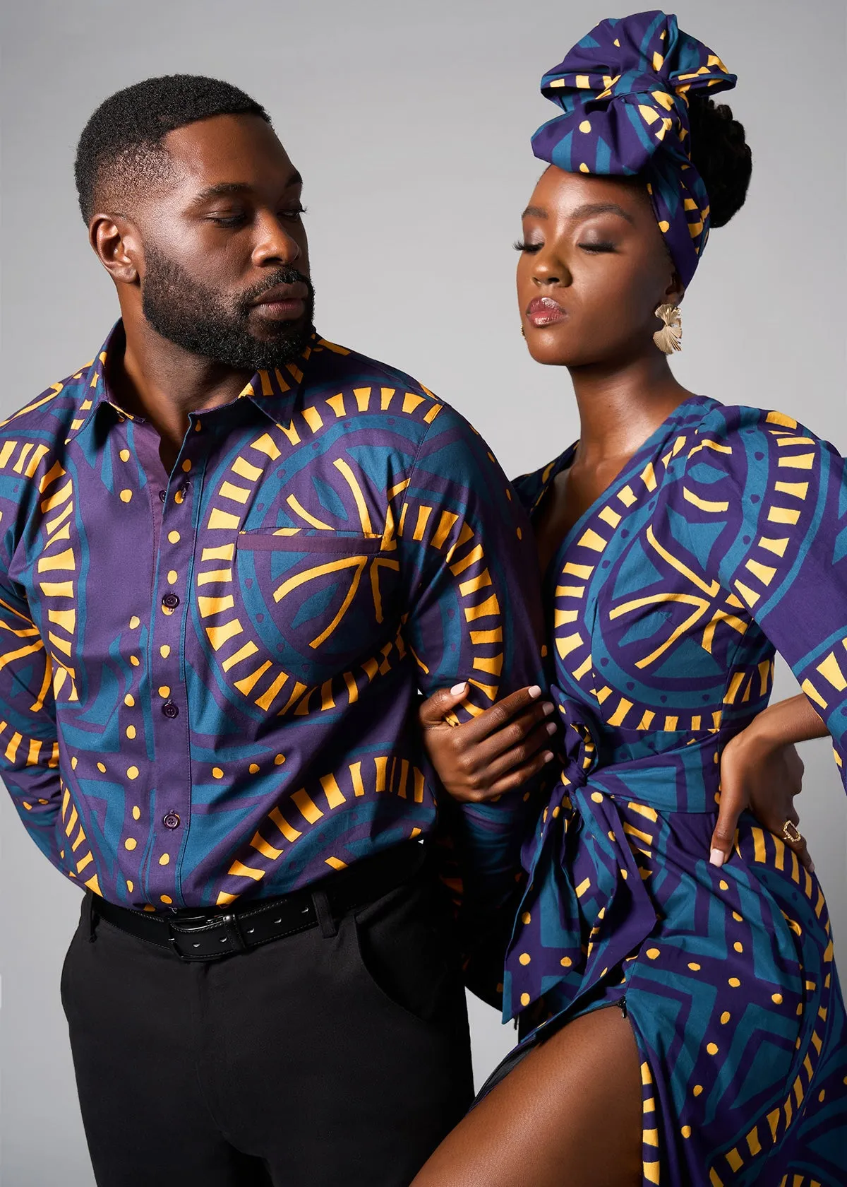 Mazi Men's African Print Button-up Shirt (Teal Plum Tiles)