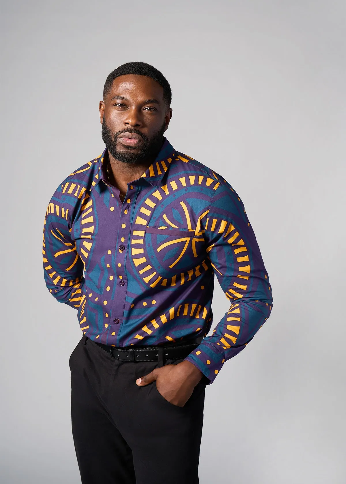 Mazi Men's African Print Button-up Shirt (Teal Plum Tiles)