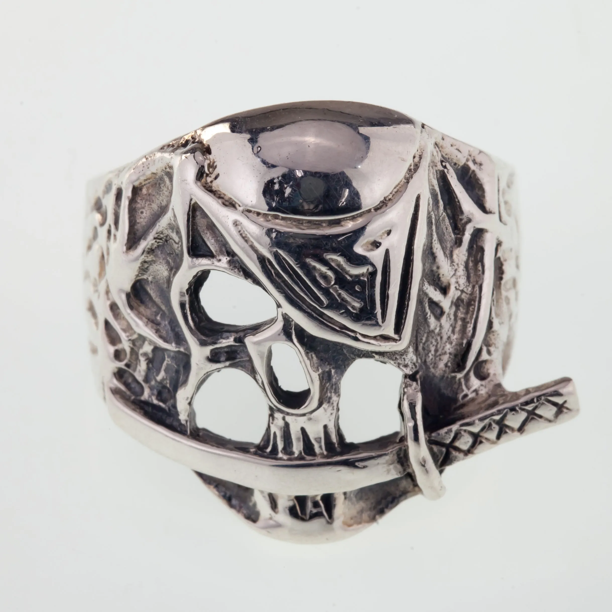 Men's Biker Pirate Skull w/ Eye Patch & Knife In Sterling Silver Ring Size 10.25