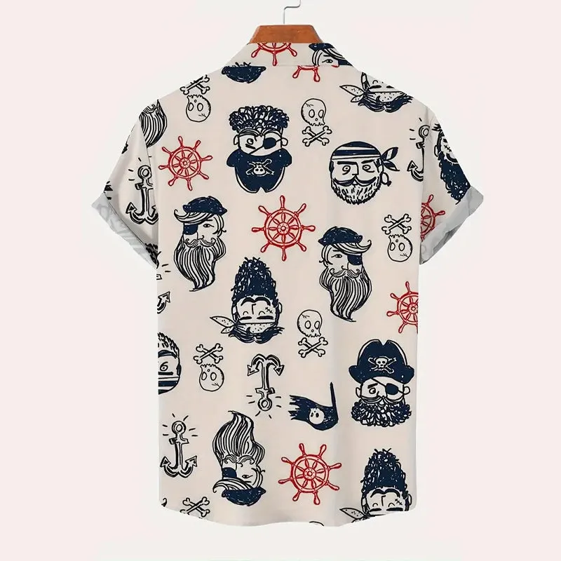 Men's Cartoon Pirate Pattern Short Sleeve Lapel Button Up Shirt