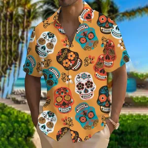 Men's Casual Short Sleeve Shirt with Unique Skull Print
