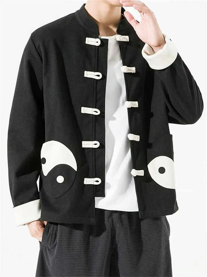 Men's Chinese Style Black White Tai Chi Kungfu Tang Suit Jacket