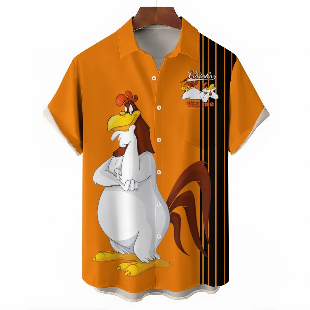 Men's Classic Christmas Rooster Striped Short Sleeve Shirt 2407004898