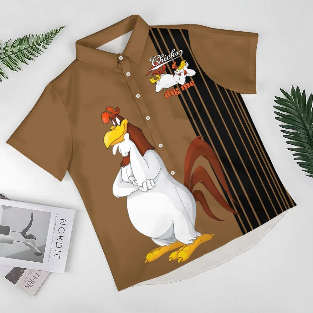 Men's Classic Christmas Rooster Striped Short Sleeve Shirt 2407004898