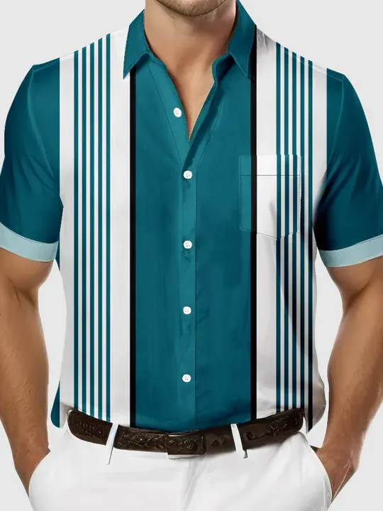 Men's Classic Striped Bowling Short Sleeve Shirt
