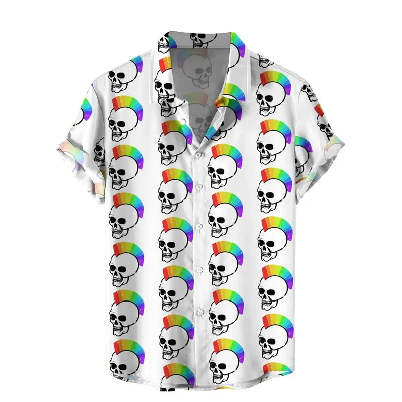 Men's Hawaiian Shirts Funny Rainbow Skulls Print Short Sleeve Shirt
