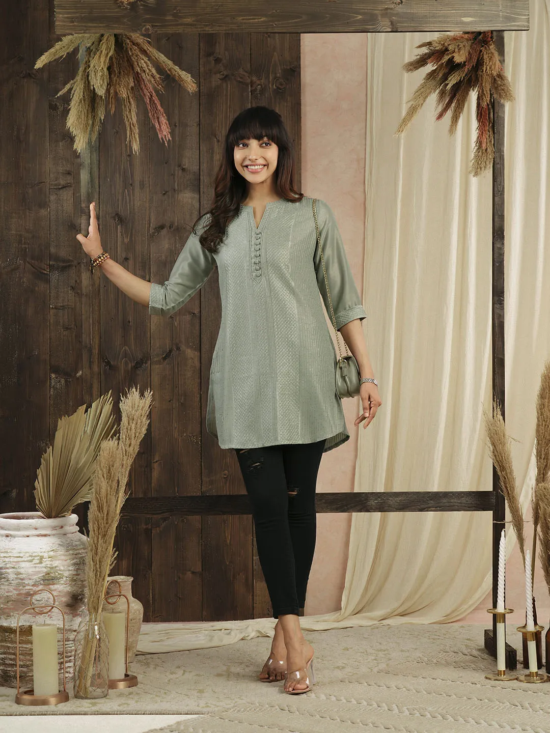 Olive Ethnic Wear Chanderi Silk Straight Tunics for Ladies - Zola
