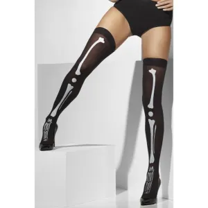 Opaque Hold-Ups - Black, with Skeleton Print