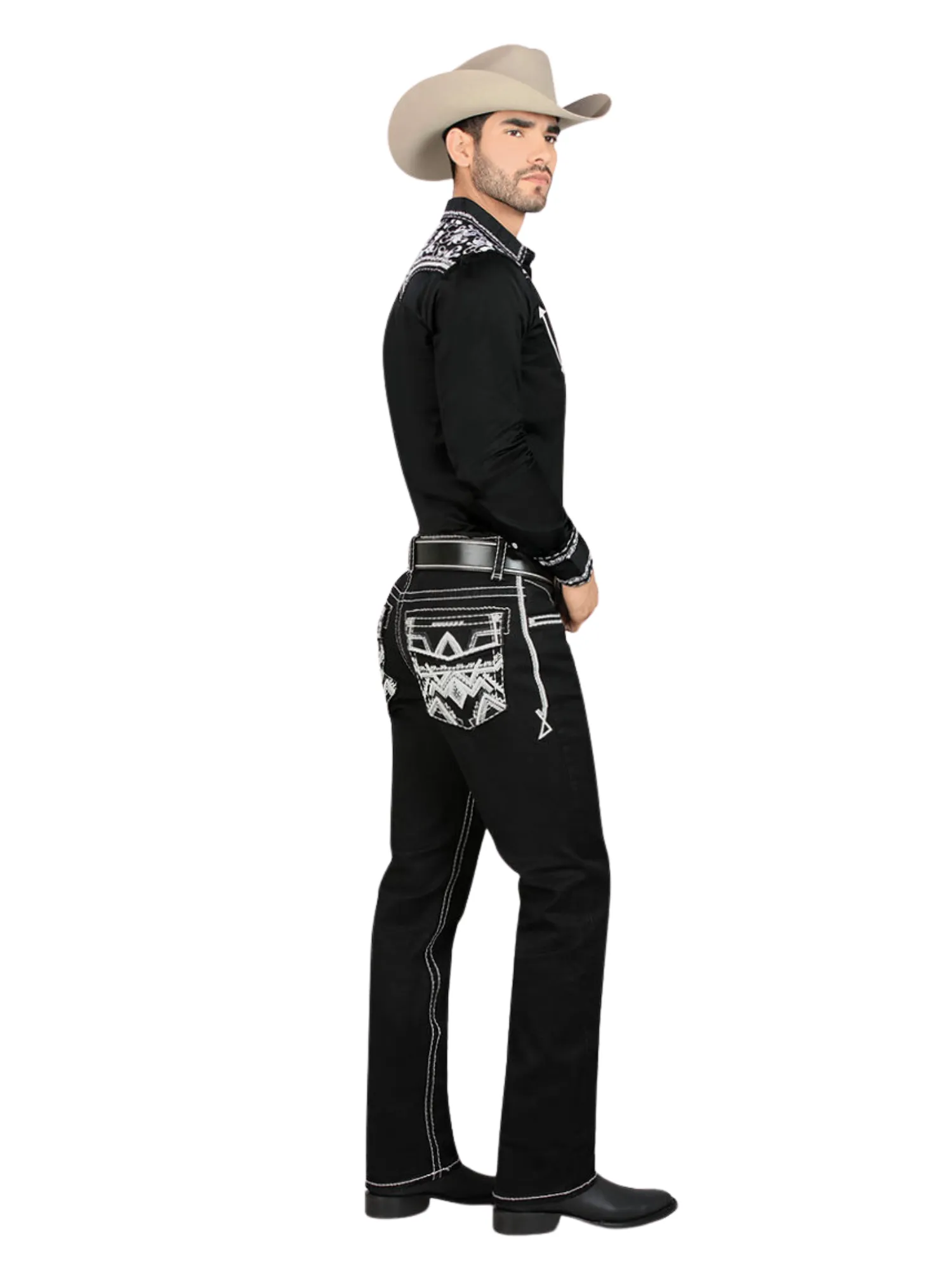 Pantalon Vaquero de Mezclilla Bordado Stretch Boot Cut para Hombre 'Montero' - ID: 4591