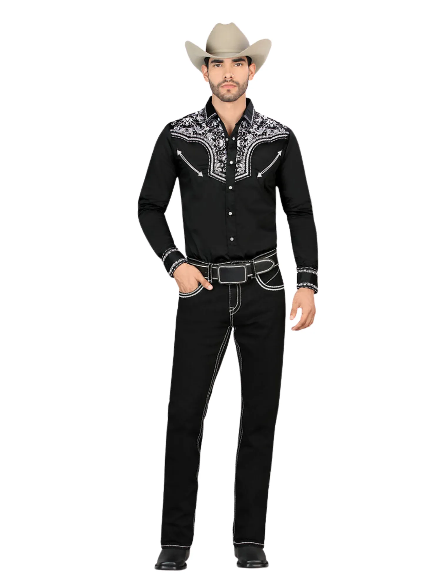 Pantalon Vaquero de Mezclilla Bordado Stretch Boot Cut para Hombre 'Montero' - ID: 4591