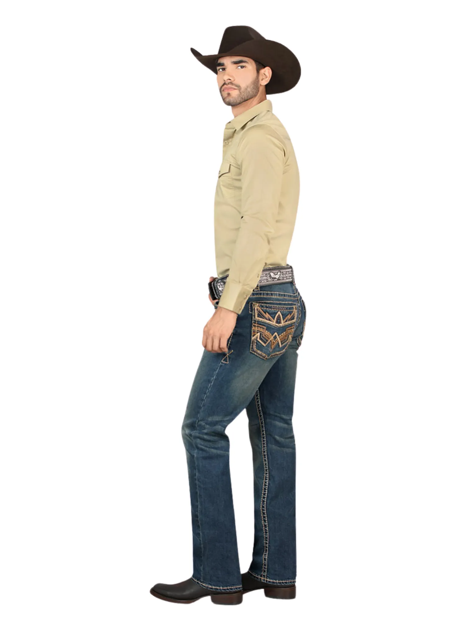 Pantalon Vaquero de Mezclilla Bordado Stretch Boot Cut para Hombre 'Montero' - ID: 4594