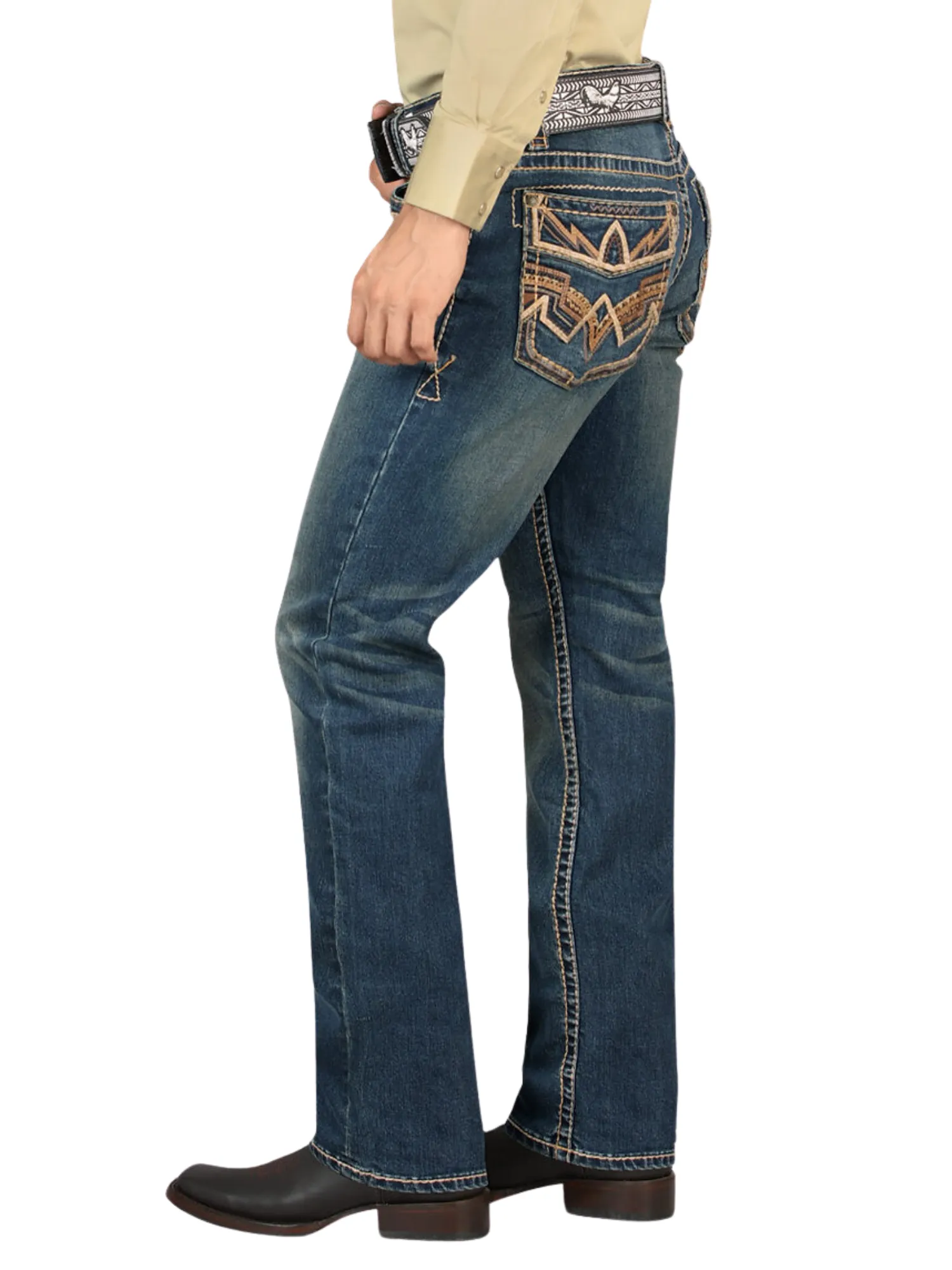 Pantalon Vaquero de Mezclilla Bordado Stretch Boot Cut para Hombre 'Montero' - ID: 4594