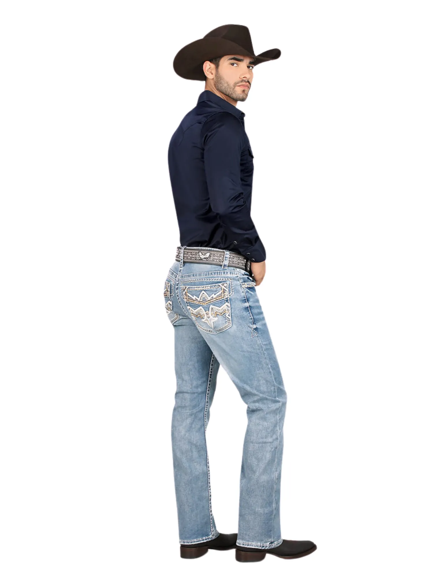 Pantalon Vaquero de Mezclilla Bordado Stretch Boot Cut para Hombre 'Montero' - ID: 4619