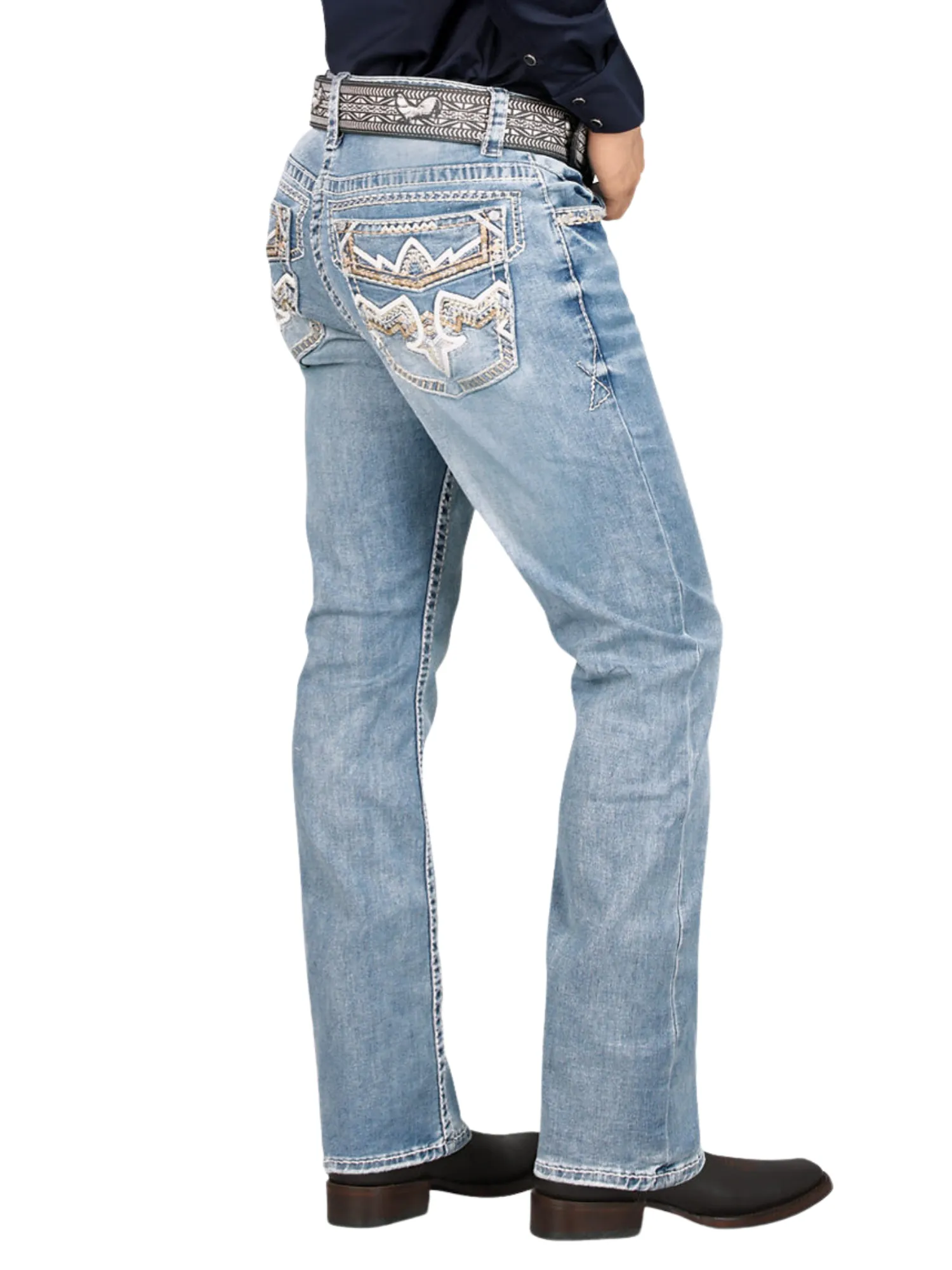 Pantalon Vaquero de Mezclilla Bordado Stretch Boot Cut para Hombre 'Montero' - ID: 4619