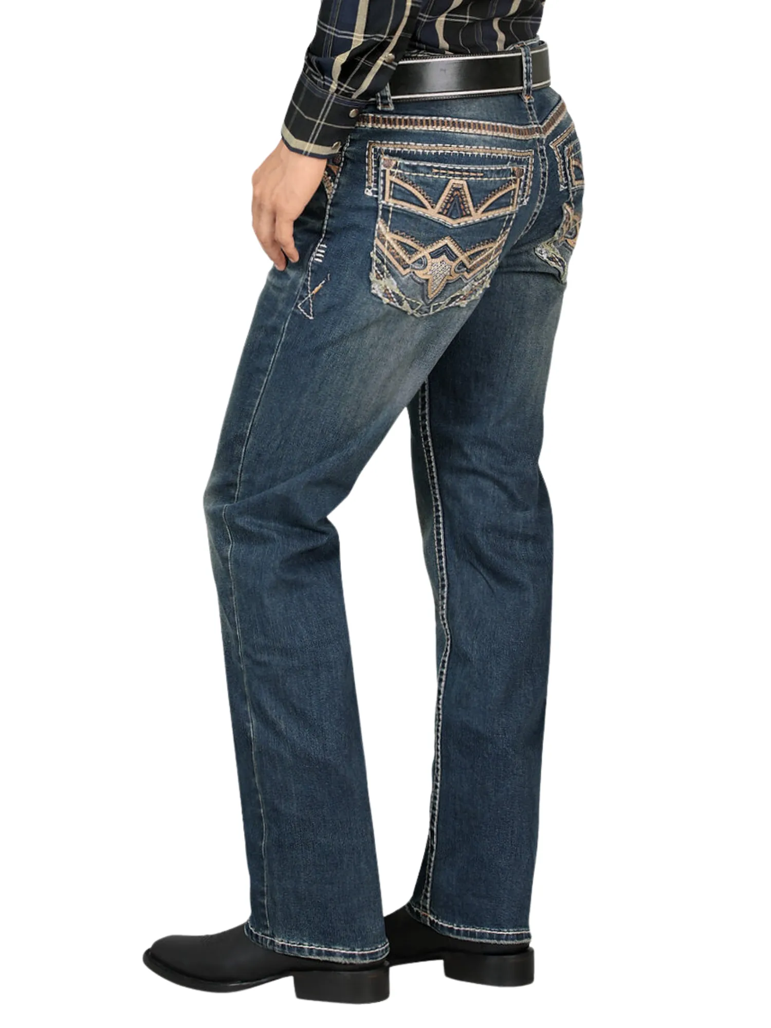 Pantalon Vaquero de Mezclilla Bordado Stretch Boot Cut para Hombre 'Montero' - ID: 4620