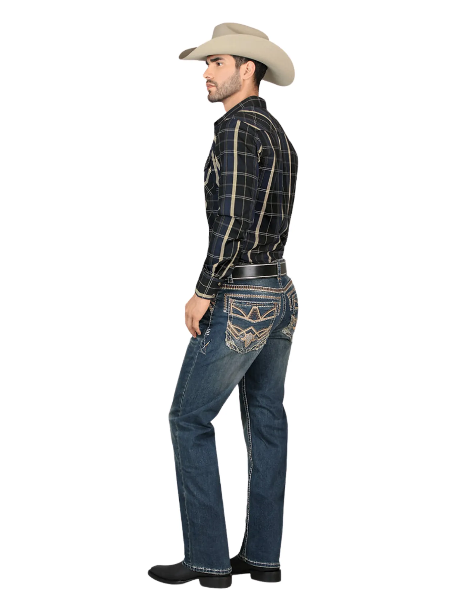 Pantalon Vaquero de Mezclilla Bordado Stretch Boot Cut para Hombre 'Montero' - ID: 4620