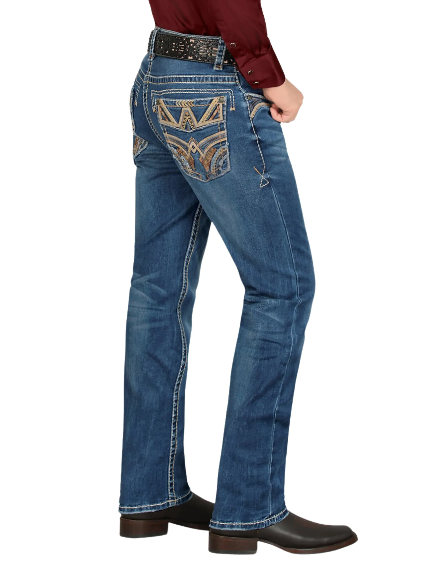 Pantalon Vaquero de Mezclilla Bordado Stretch Boot Cut para Hombre 'Montero' - ID: 4621