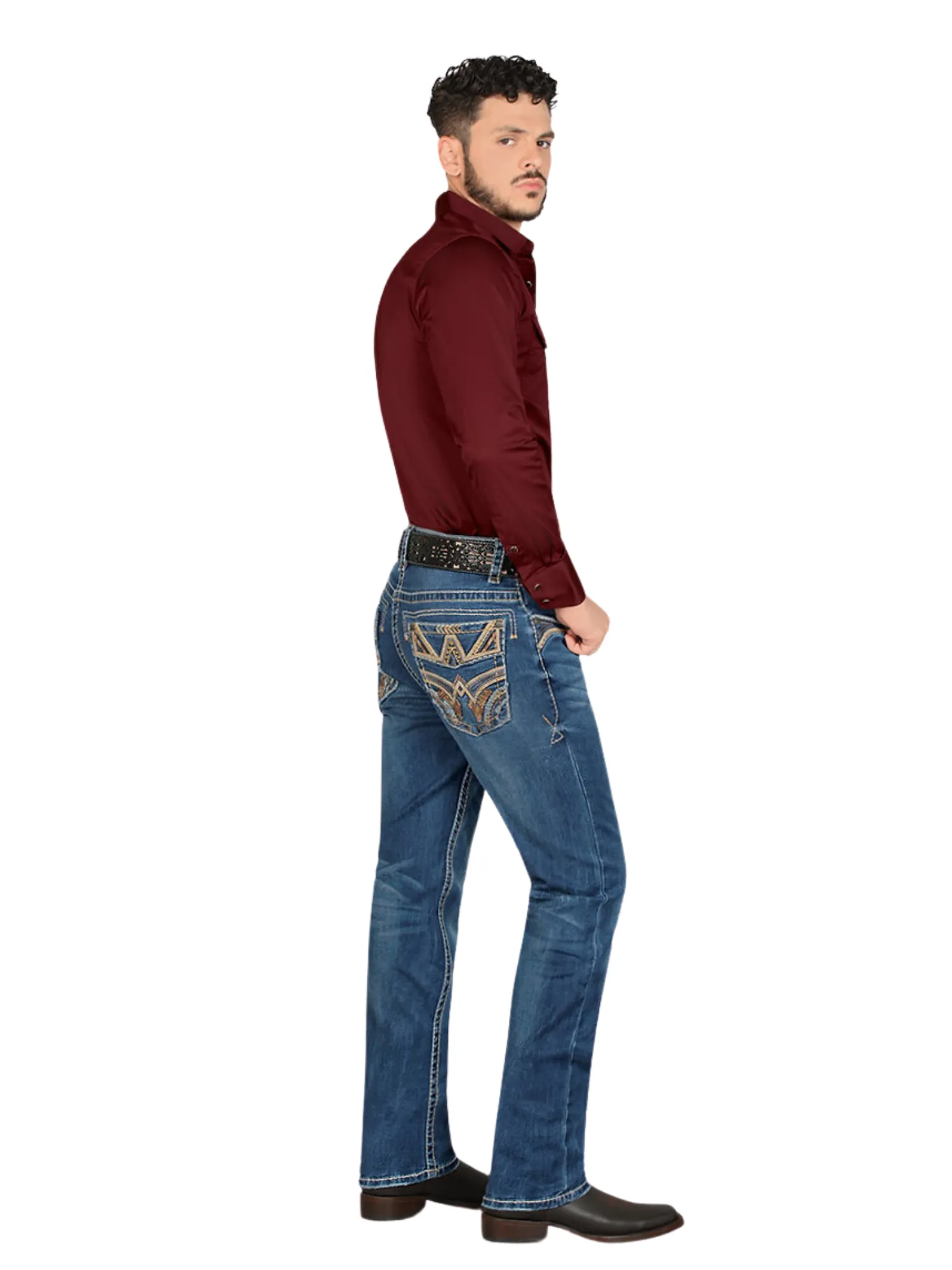 Pantalon Vaquero de Mezclilla Bordado Stretch Boot Cut para Hombre 'Montero' - ID: 4621