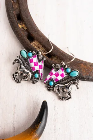 Pink Checkerboard Turquoise Stallion Silvertone Earrings