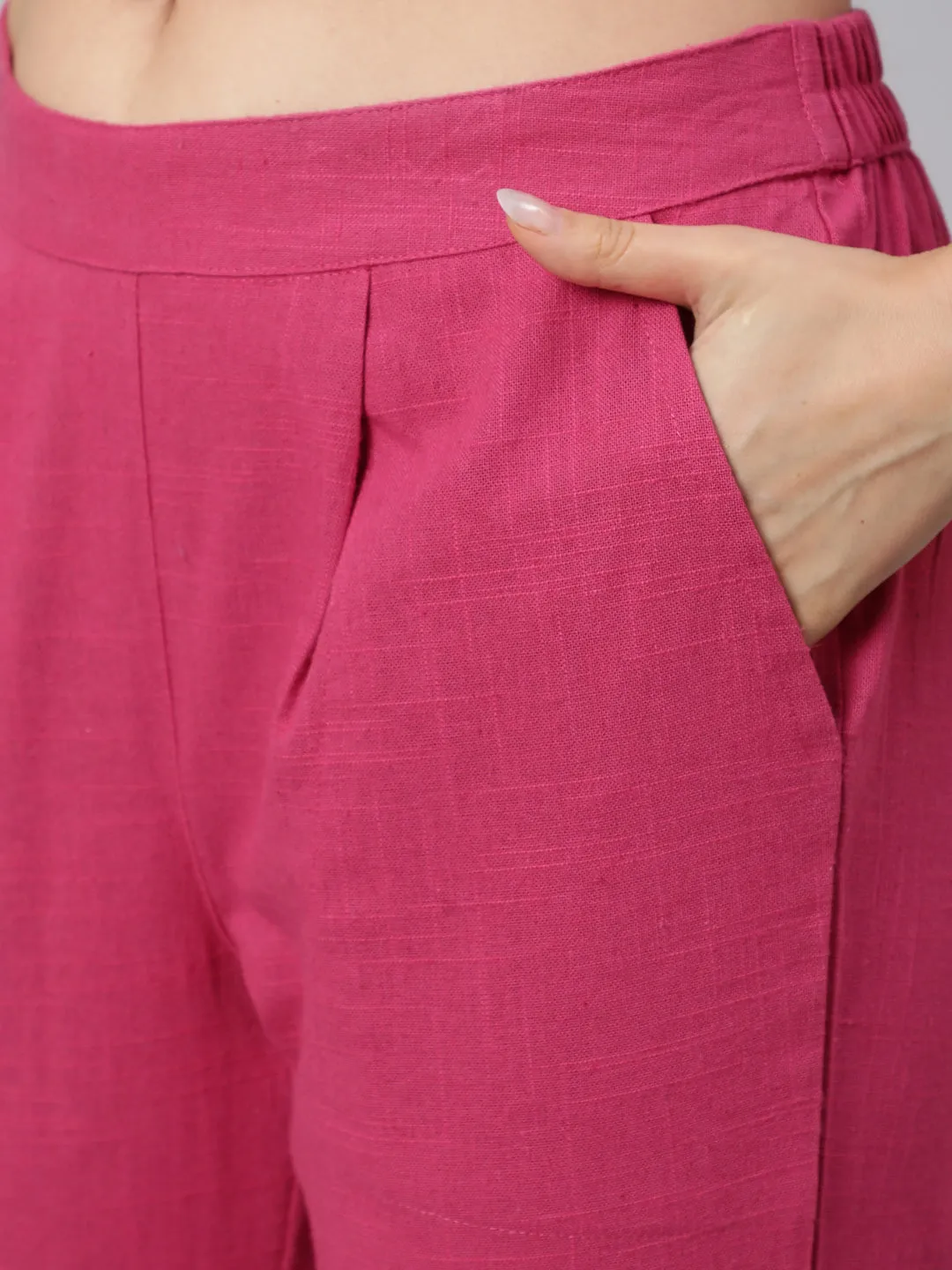 Pink Self Weaved Checkered Straight Embroidered Kurta With Pants