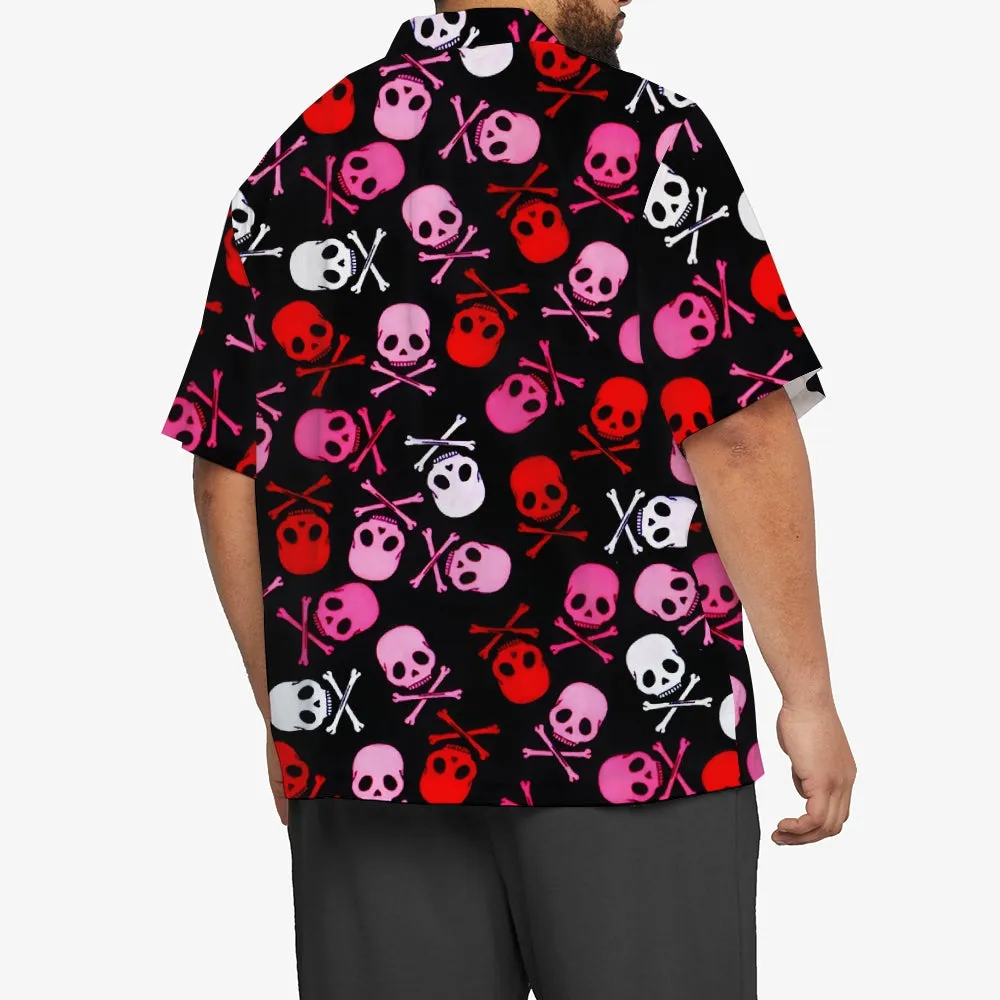 Pink Skull Print Oversized Bamboo Linen Short Sleeve Shirt