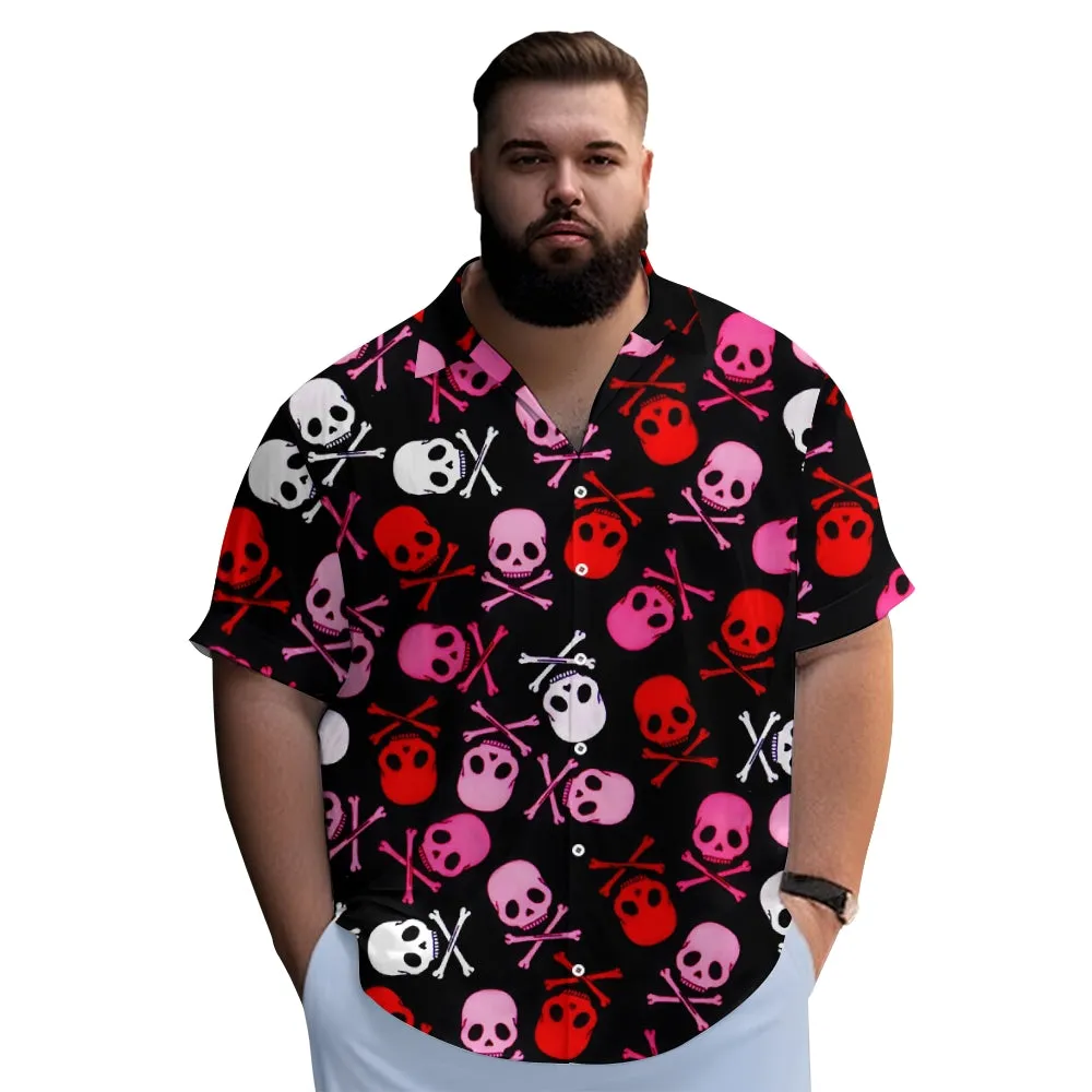 Pink Skull Print Oversized Bamboo Linen Short Sleeve Shirt