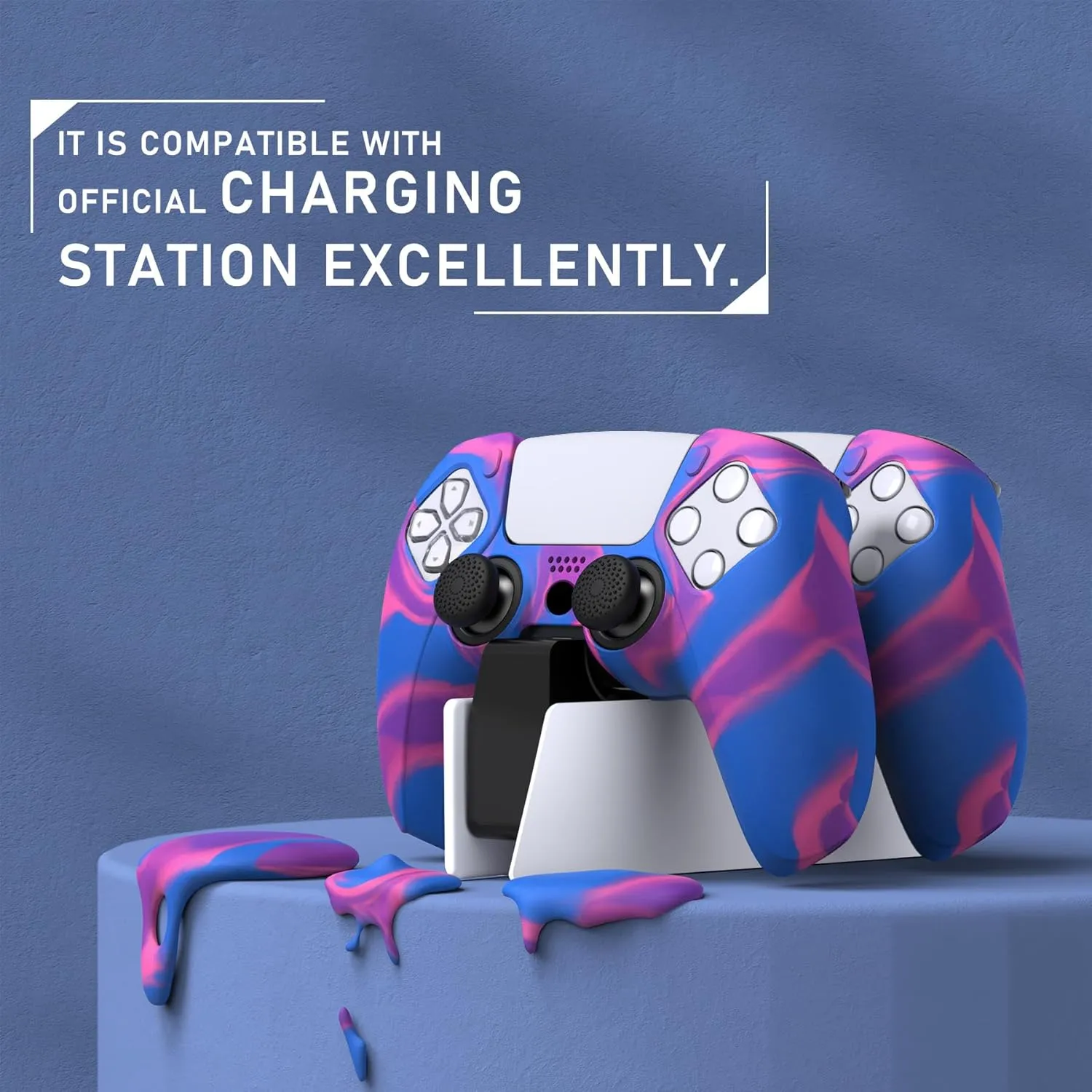 PlayVital Pure Series - Dockable Model - Anti-Slip Silicone Cover Skin for PS5 Controllers, Soft Rubber Grip Case -Compatible with Charging Stations - Thumb Grip Caps included - Purple   Blue   Pink