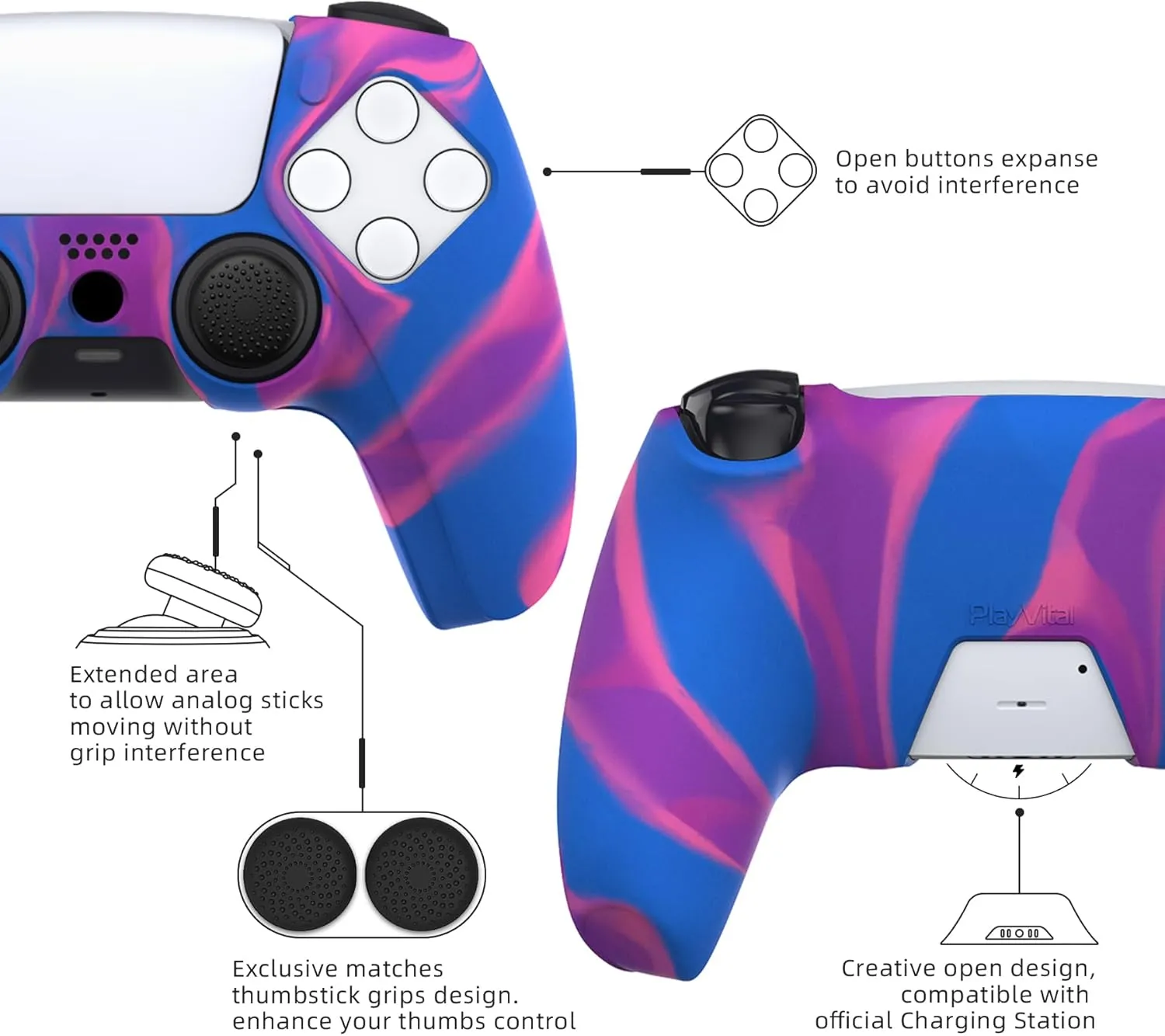PlayVital Pure Series - Dockable Model - Anti-Slip Silicone Cover Skin for PS5 Controllers, Soft Rubber Grip Case -Compatible with Charging Stations - Thumb Grip Caps included - Purple   Blue   Pink