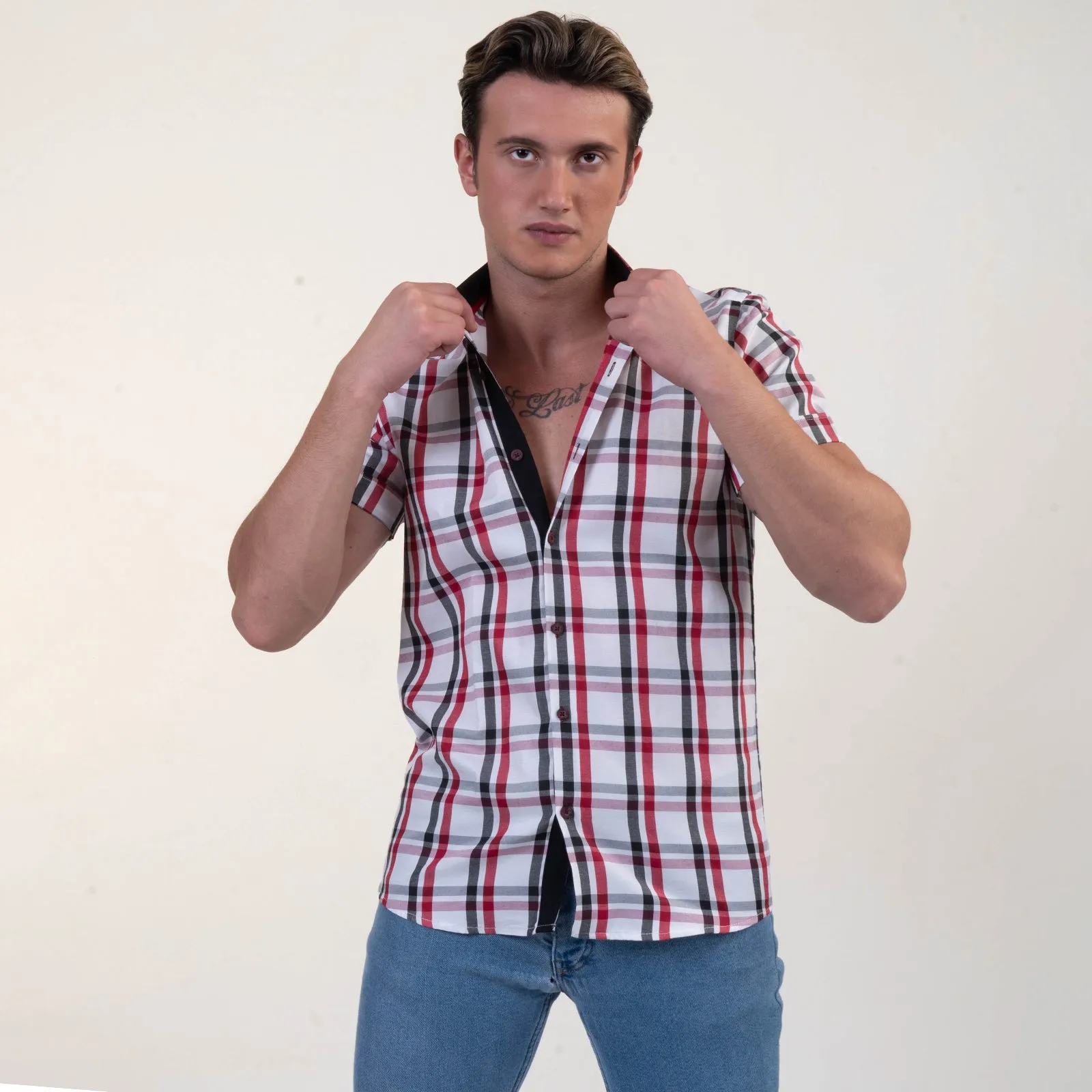 Red Black White Checkered Mens Short Sleeve Button up Shirts - Tailored Slim Fit Cotton Dress Shirts