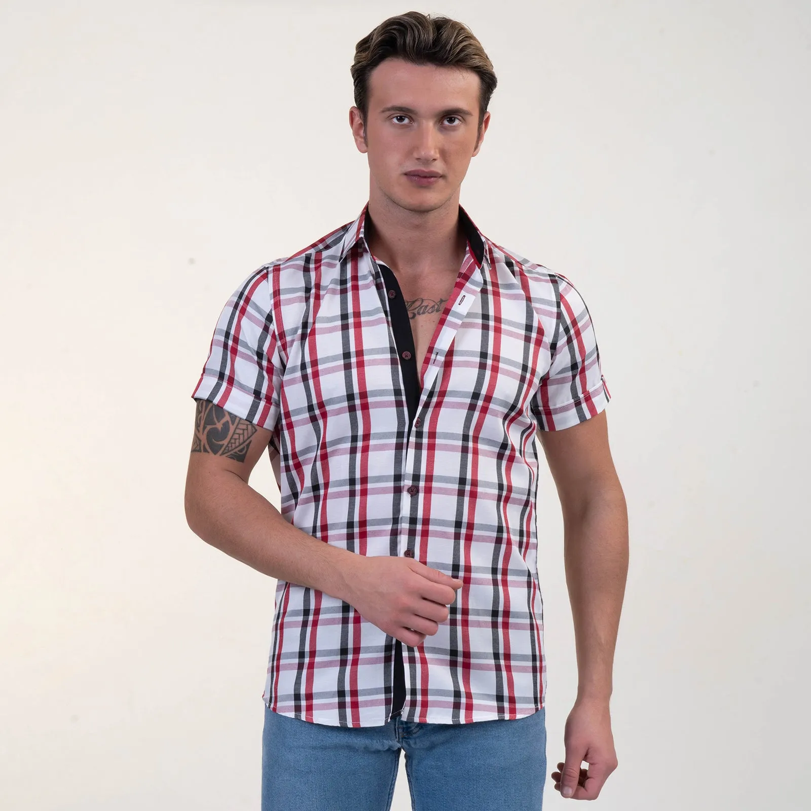 Red Black White Checkered Mens Short Sleeve Button up Shirts - Tailored Slim Fit Cotton Dress Shirts