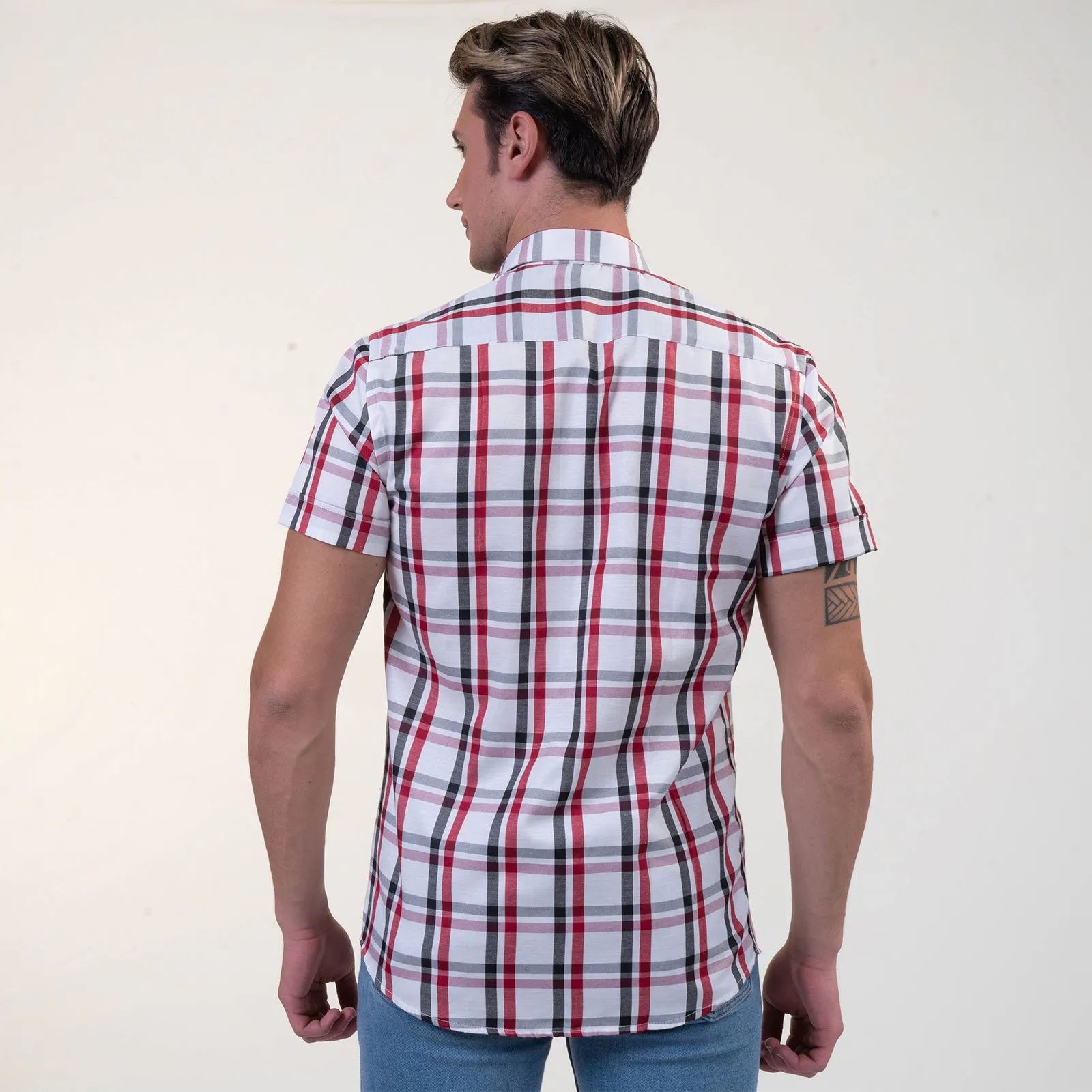 Red Black White Checkered Mens Short Sleeve Button up Shirts - Tailored Slim Fit Cotton Dress Shirts