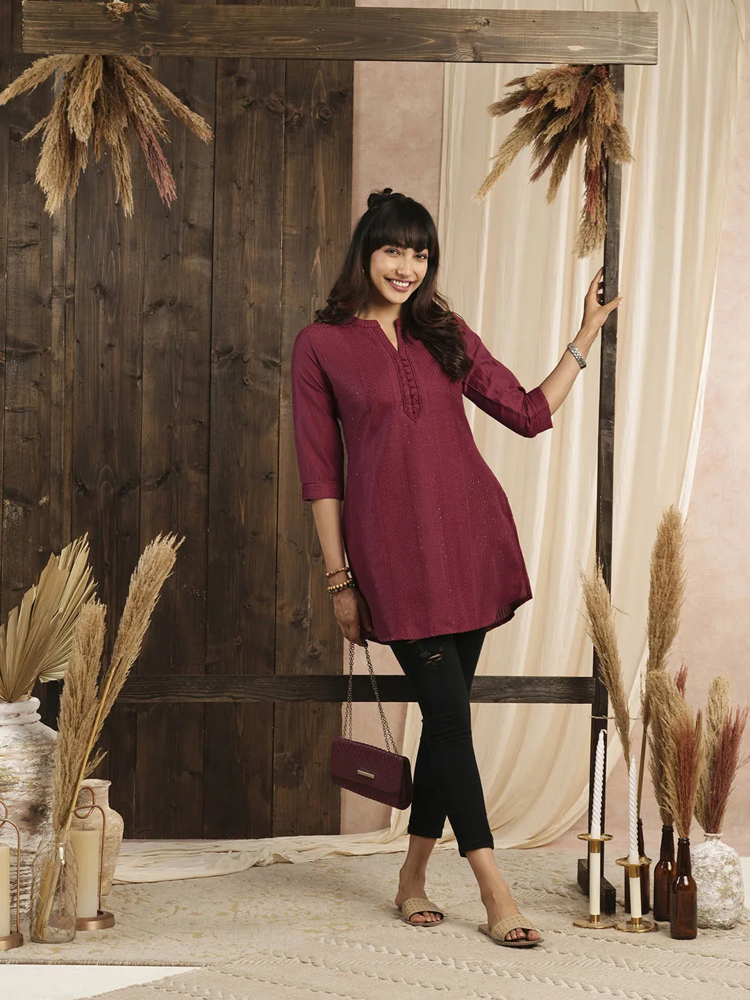 Red Ethnic Wear Chanderi Silk Straight Tunics for Ladies - Zola