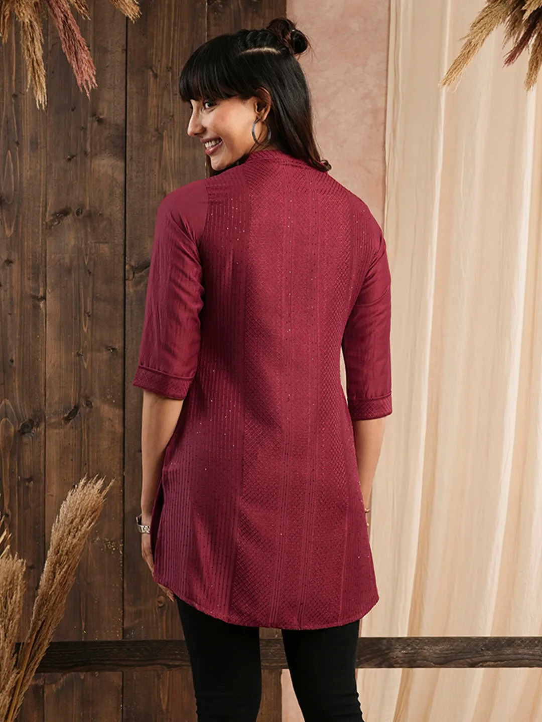 Red Ethnic Wear Chanderi Silk Straight Tunics for Ladies - Zola