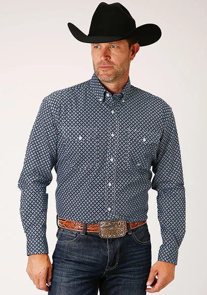 Roper Apparel Blue/Black Geometric Print Button-Down Shirt for Men