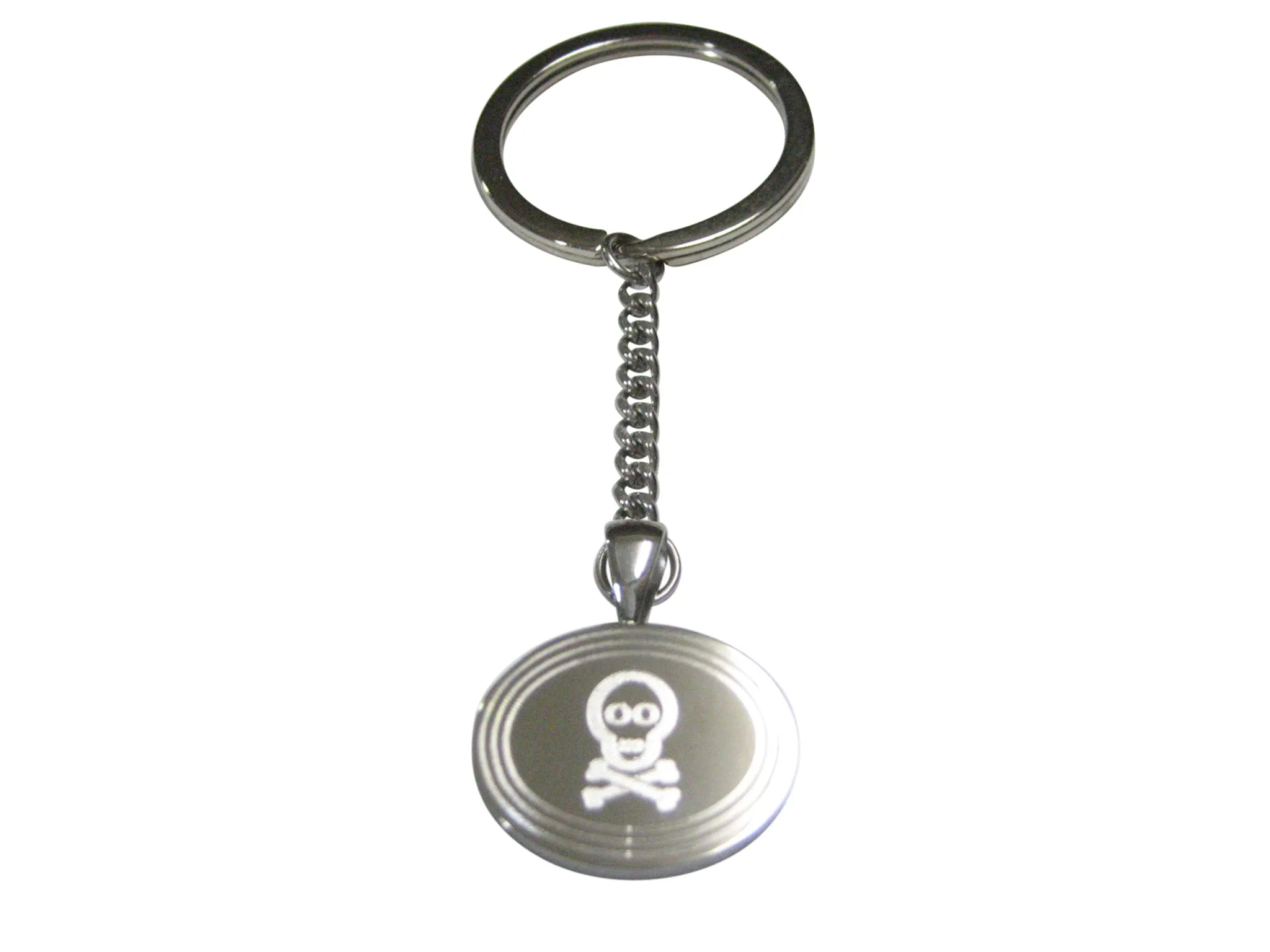 Silver Toned Etched Oval Shy Skull with Crossbones Pendant Keychain
