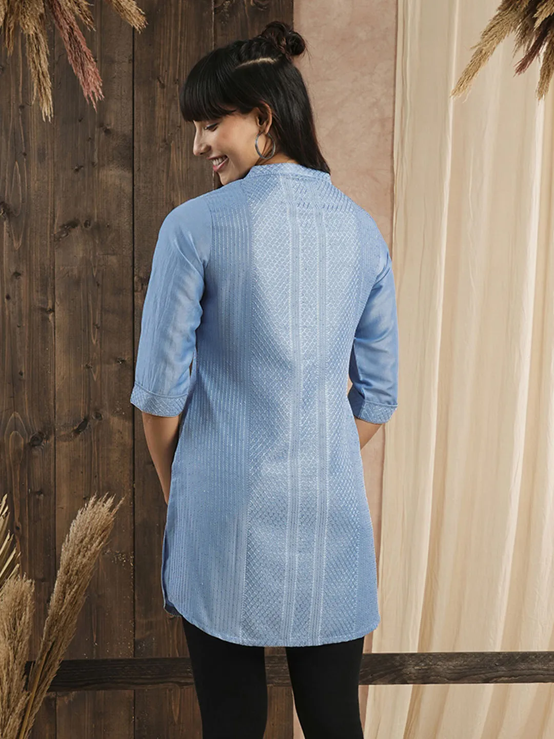 Sky Blue Ethnic Wear Chanderi Silk Straight Tunics for Ladies - Zola