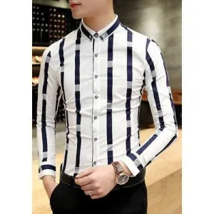 Slimming Shirt Collar Color Block Stripes Long Sleeves Button-Down Shirt For Men - White M