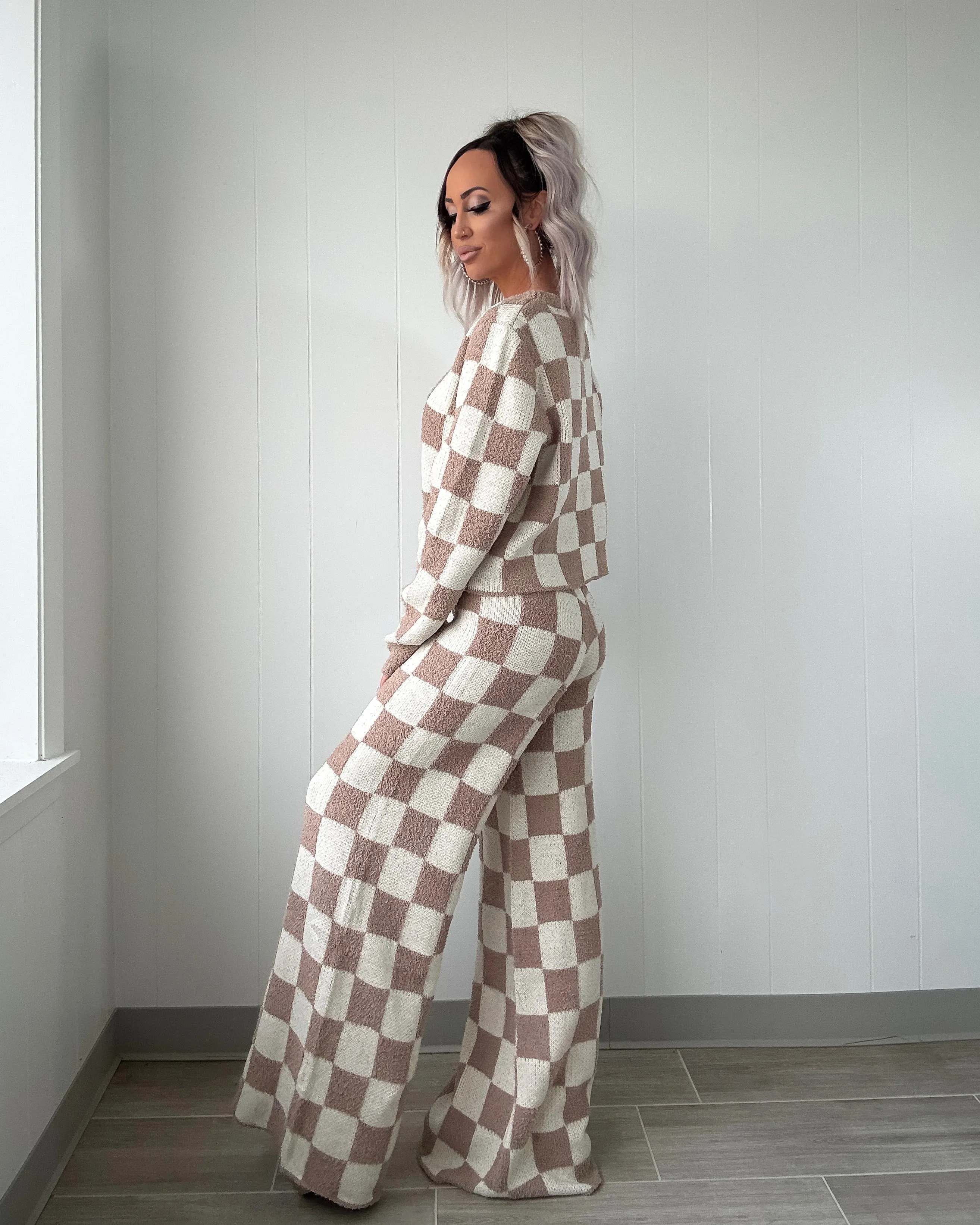 Soft Sands Checkered Sweater Set - Beige/Ivory