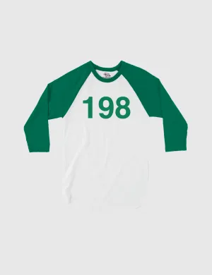 Squid Game: The Challenge Player Raglan Shirt [White/Kelly] - Player 198