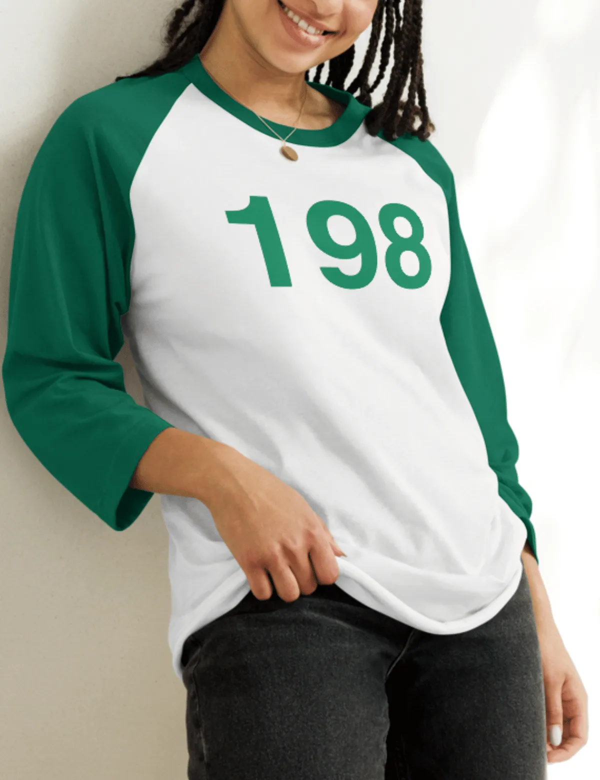 Squid Game: The Challenge Player Raglan Shirt [White/Kelly] - Player 198